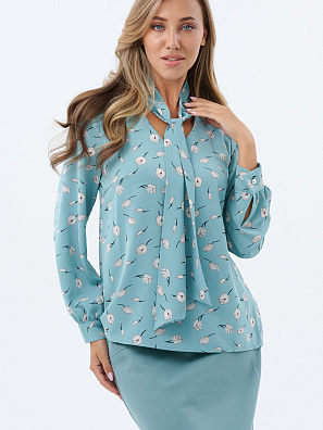 Блузка с завязкой - галстуком бирюза